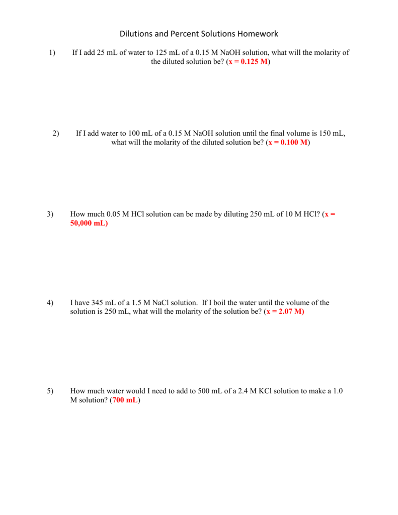 Dilutions Worksheet Answer Key