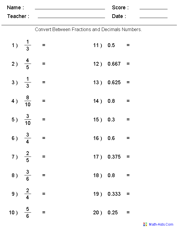 Converting Fractions To Decimals Worksheet 7th Grade