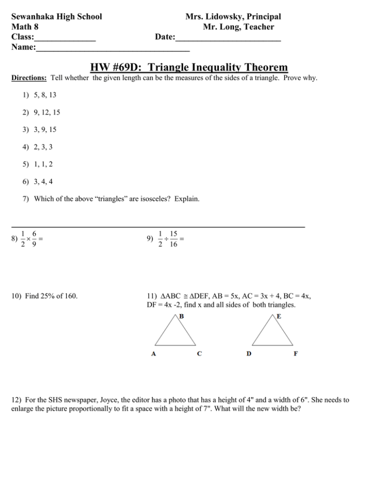 Triangle Inequality Theorem Worksheet Doc