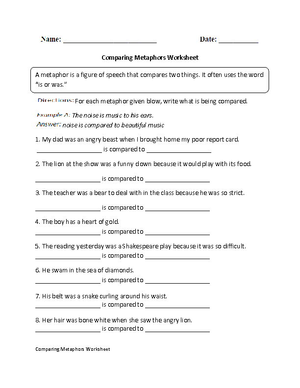 Metaphor Worksheets For Grade 6
