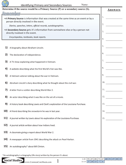 Primary And Secondary Sources Worksheet Answers