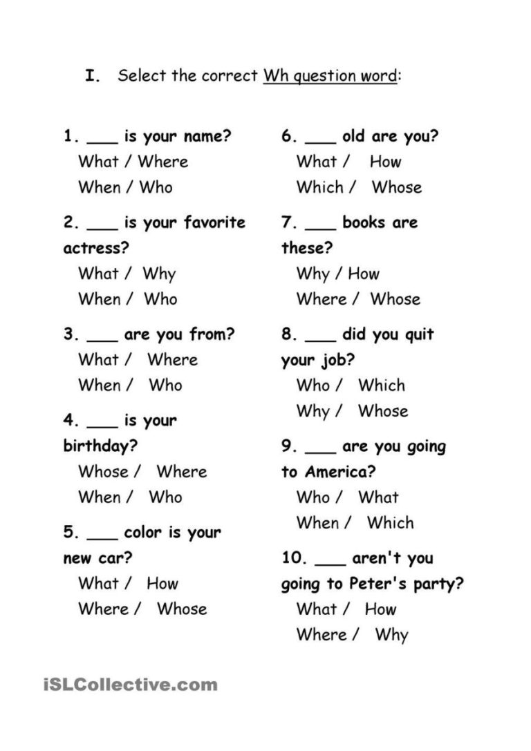 Question Words Worksheet With Answers