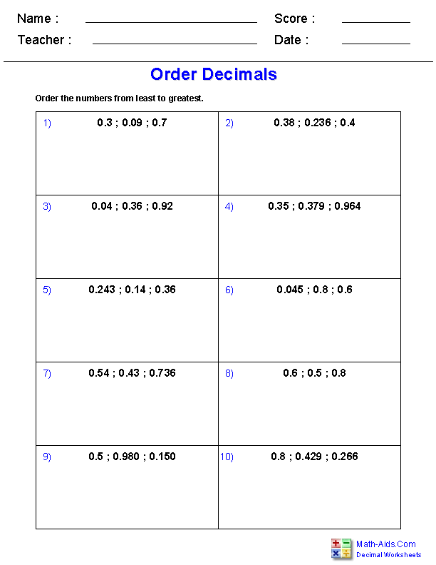 Ordering Decimals Worksheet