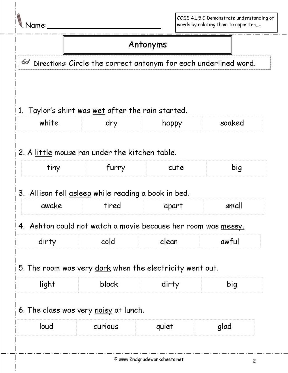 Antonyms Worksheet 3rd Grade