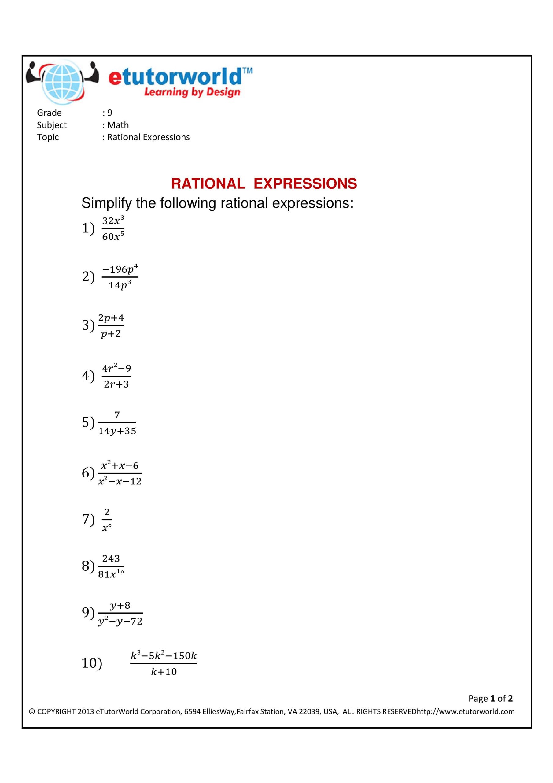 Grade 9 Rational Equations Worksheet
