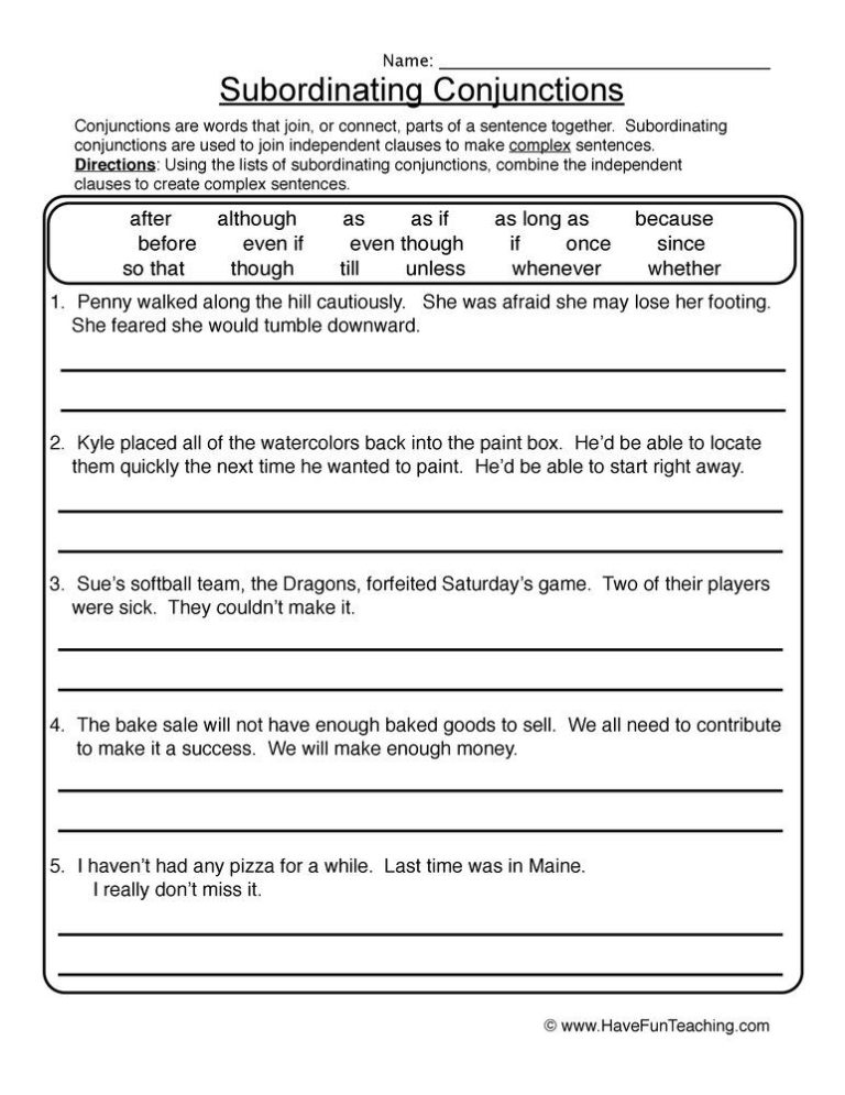 Subordinating Conjunctions Worksheets With Answer Key Pdf