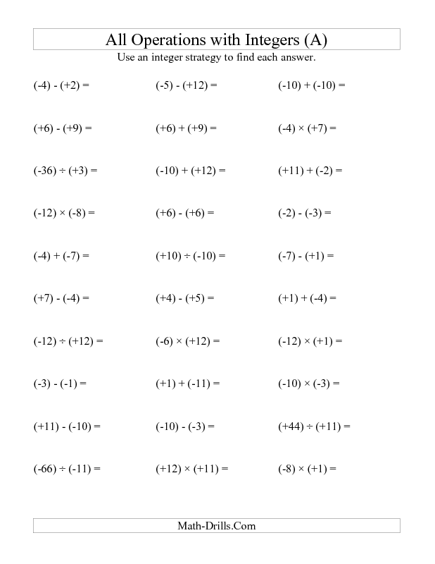 Operations With Integers Worksheet