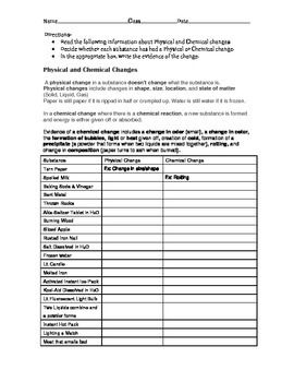 Classifying Matter Worksheet Physical And Chemical Changes Answers