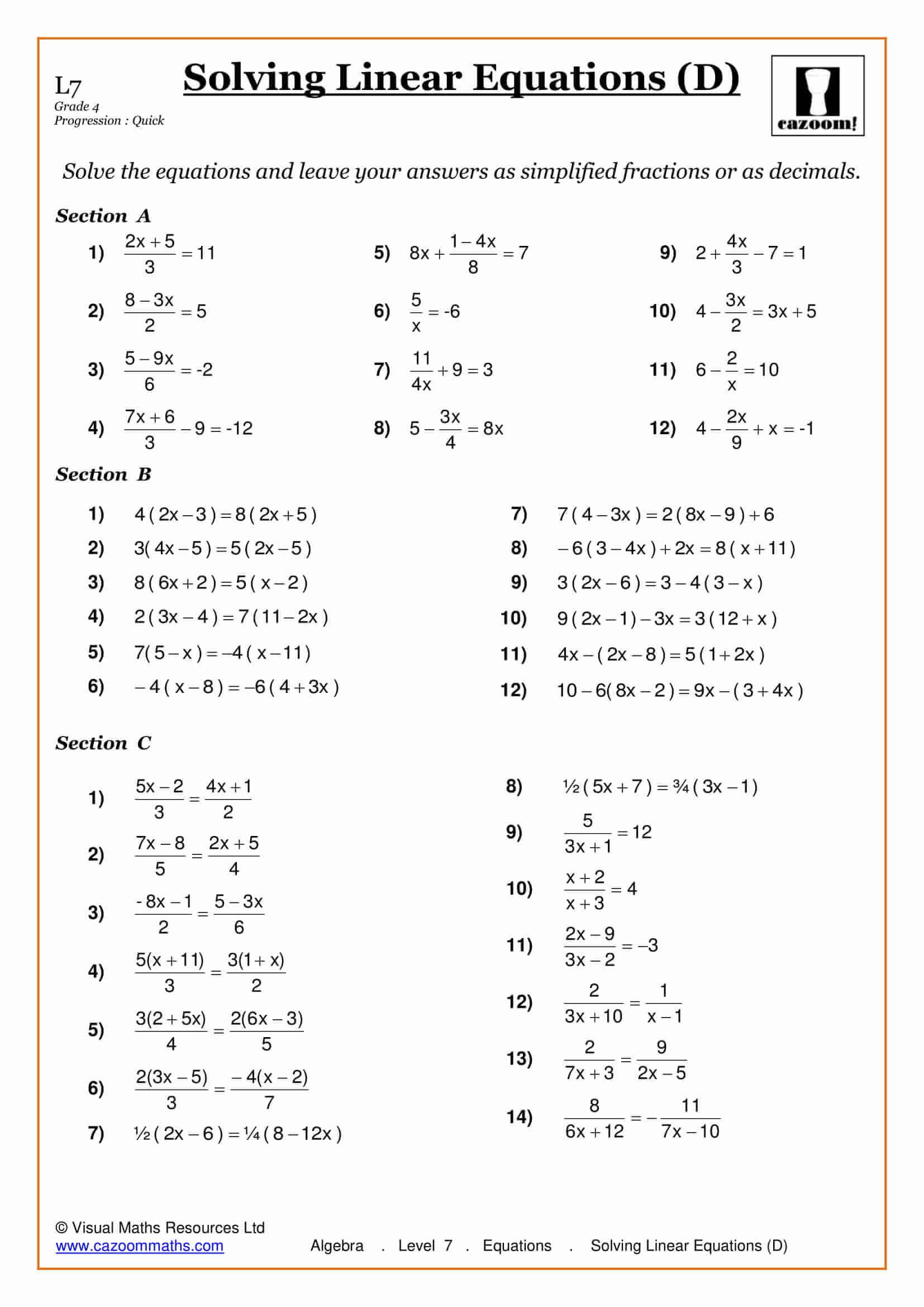 Grade 9 Solving Equations With Fractions Worksheet