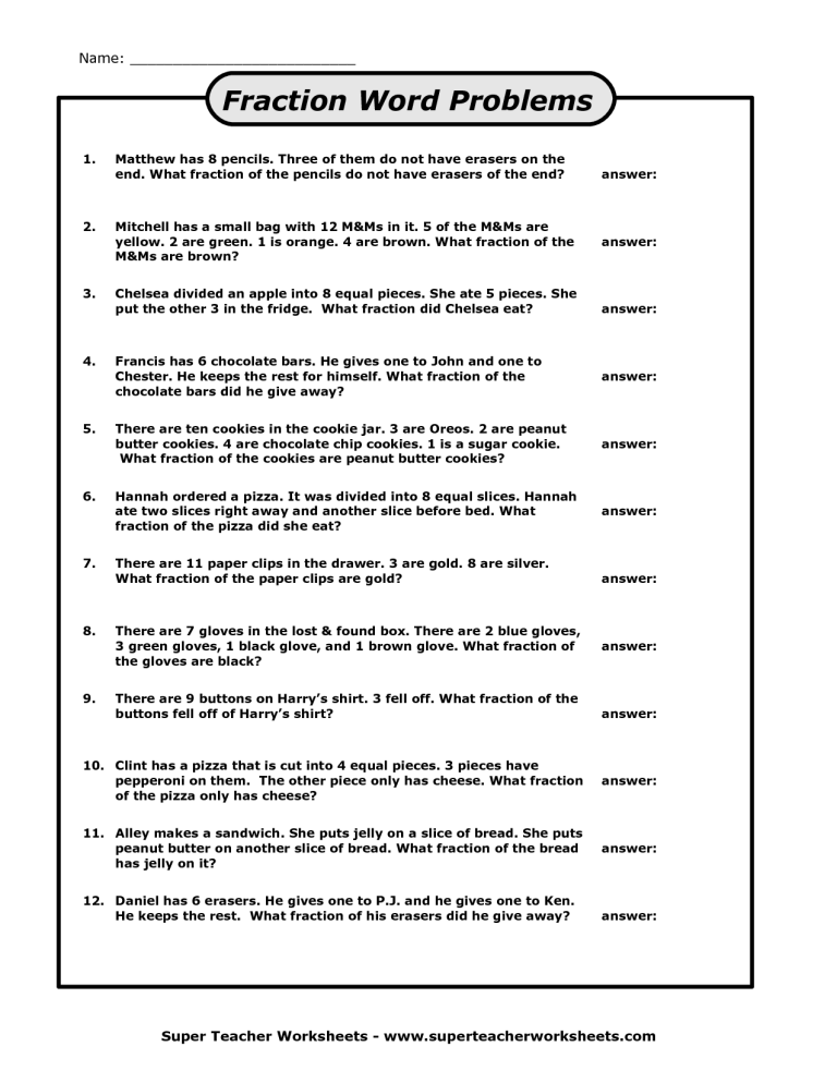 Fraction Word Problems Worksheets For Grade 6