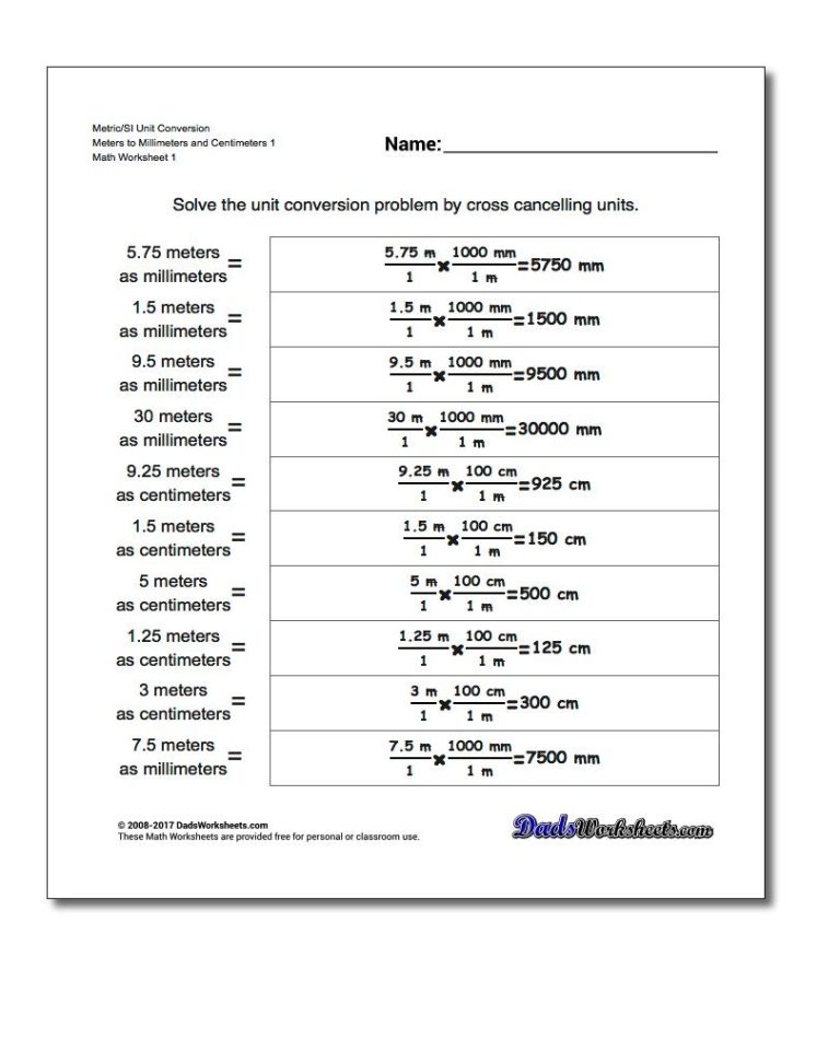 Unit Conversion Worksheet With Answer Key
