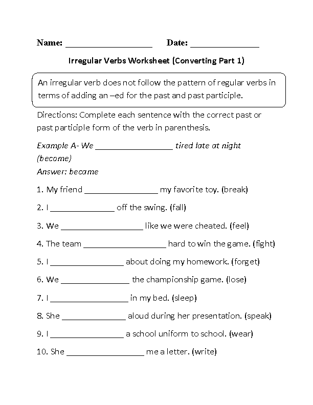 Irregular Verbs Worksheet For Grade 2