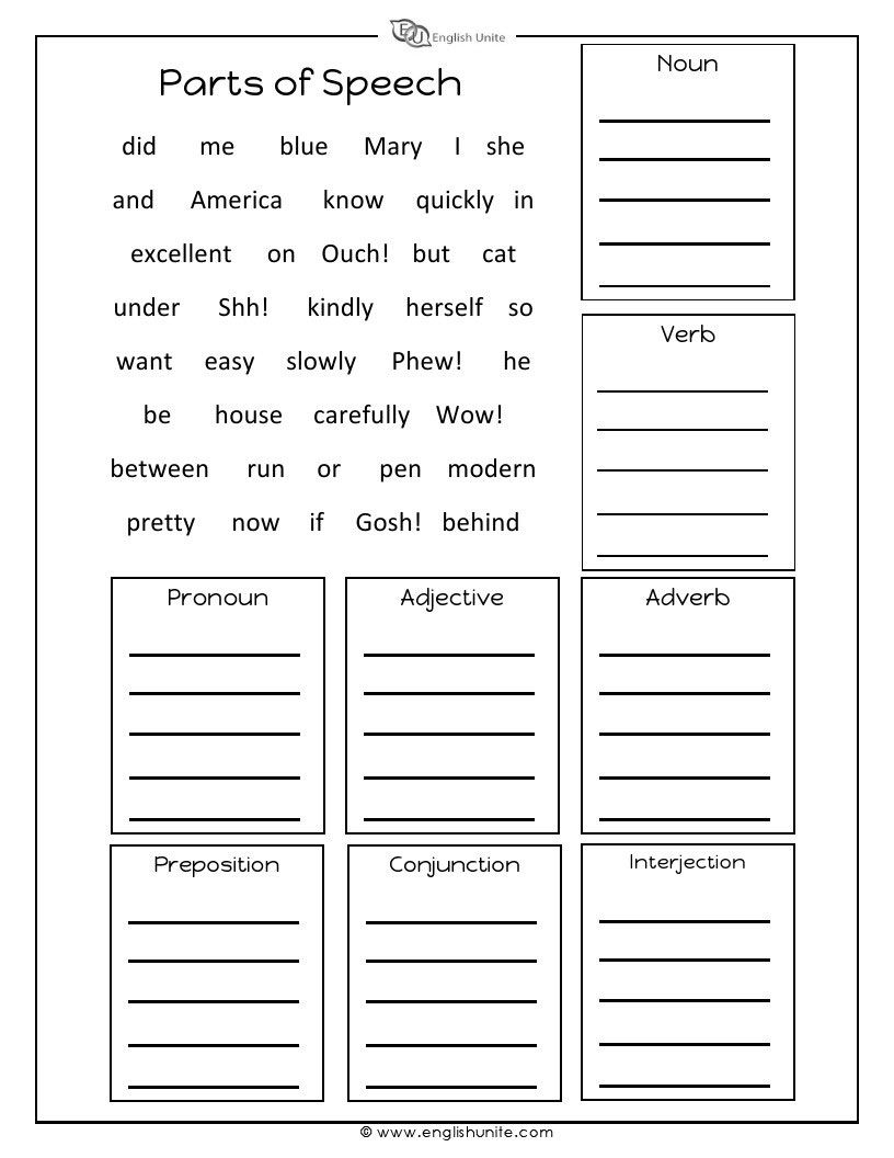 Part Of Speech Worksheet With Answers