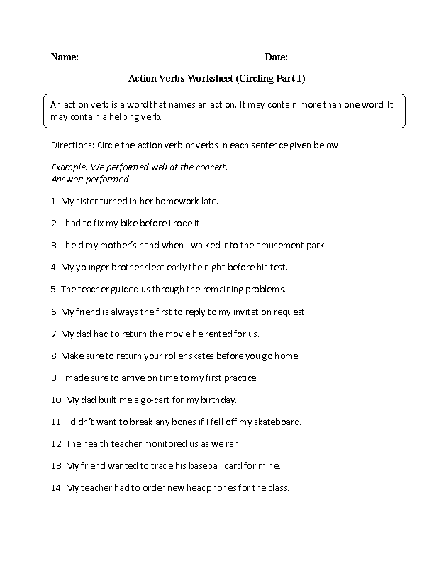 Action Verbs Worksheet Grade 7