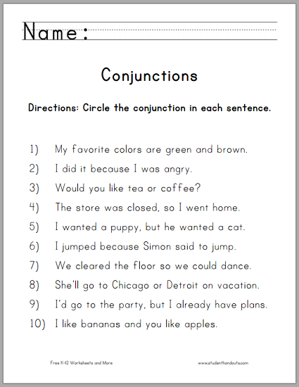 Conjunctions Worksheets Pdf
