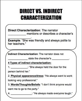 5th Grade Direct And Indirect Characterization Worksheet