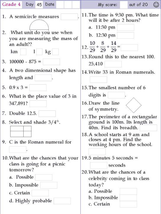 Maths Worksheet For Class 4
