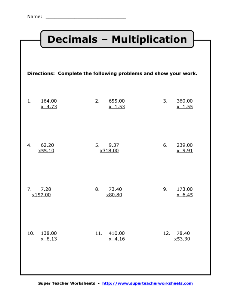 Multiplying Decimals Worksheets Grade 6