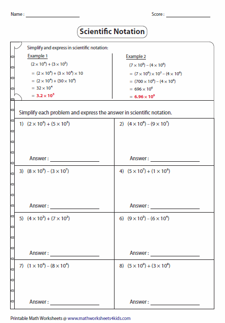 Adding And Subtracting Scientific Notation Worksheet With Answer Key