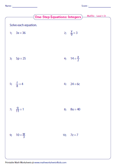 Solving One Step Equations Worksheet 8th Grade
