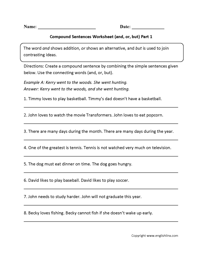 Compound Sentences Worksheets For Grade 3