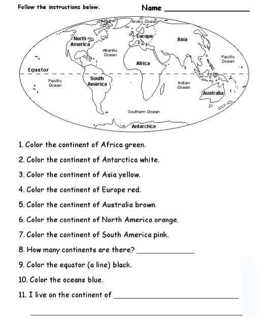 Continents And Oceans Worksheet For 2nd Grade