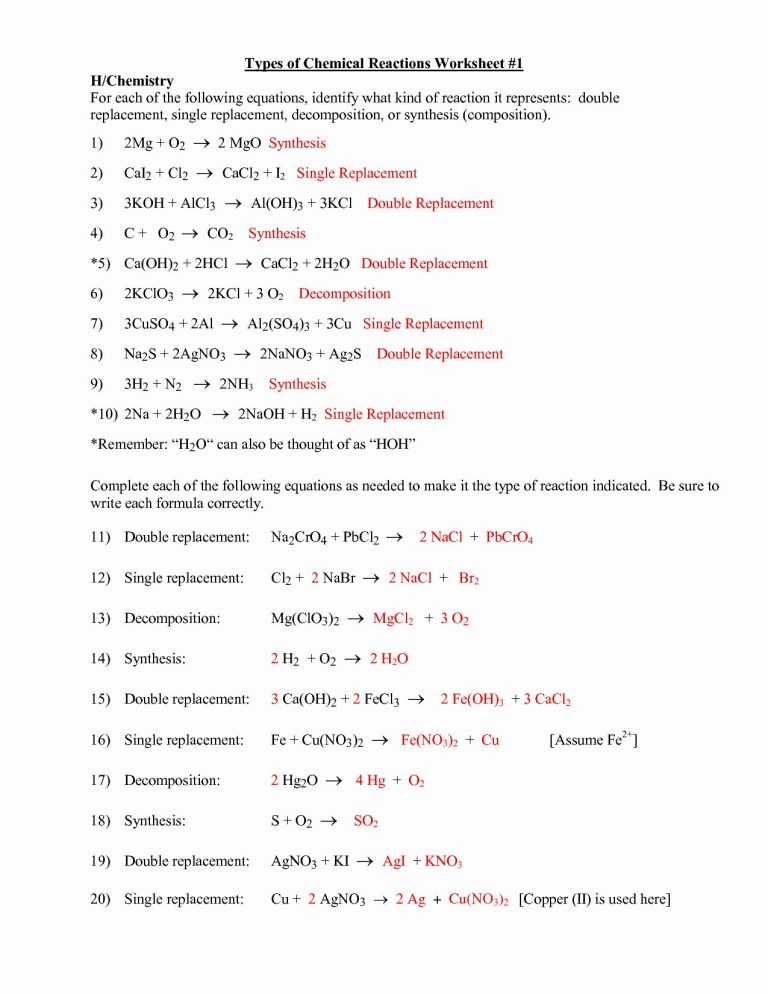 Single Replacement Reaction Worksheet Answers Key