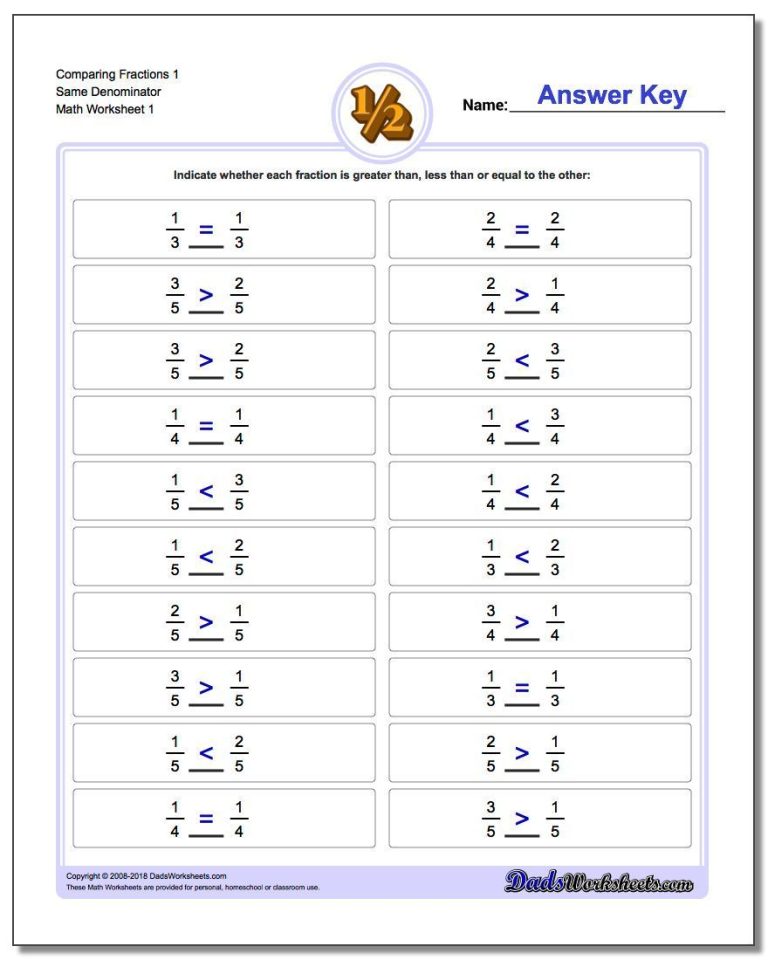 Ordering Fractions Worksheet With Answers