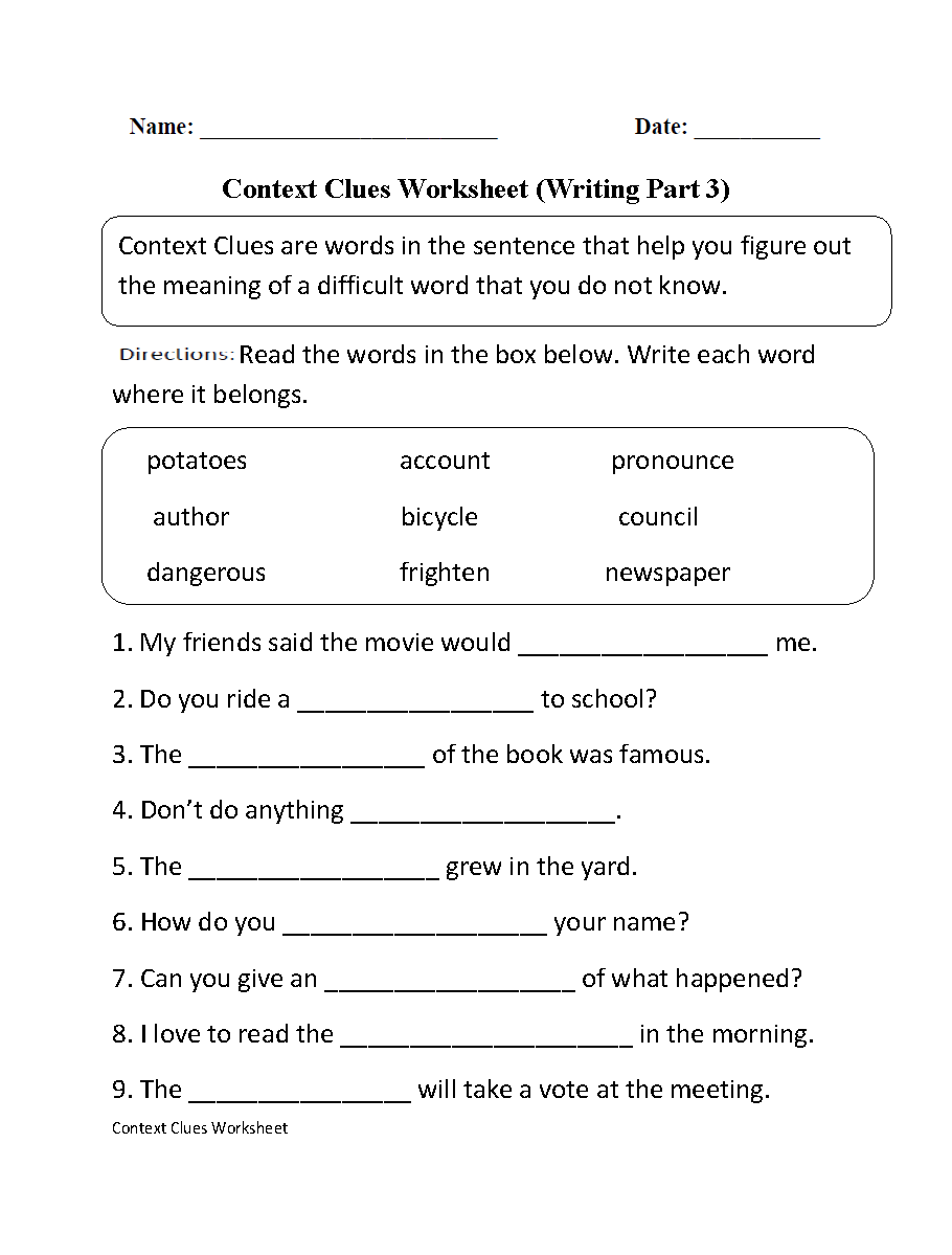 Context Clues Worksheets Pdf