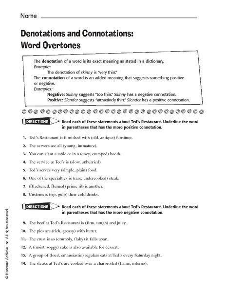 Connotation And Denotation Worksheets 4th Grade