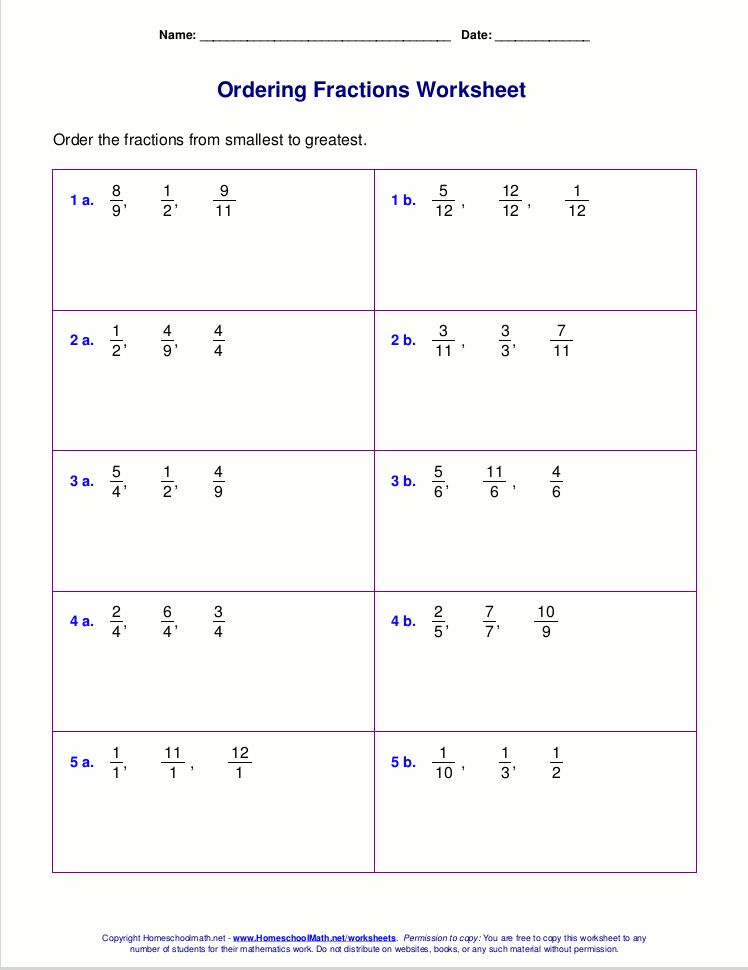 Ordering Fractions From Least To Greatest Worksheet Answers