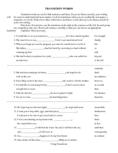 7th Grade Linking Words Worksheet