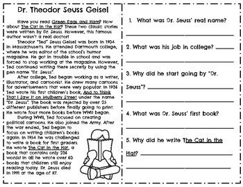 Dr Seuss Reading Comprehension Worksheets