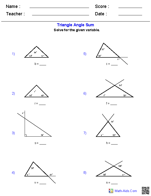 Geometry Worksheet Triangle Sum And Exterior Angle Theorem