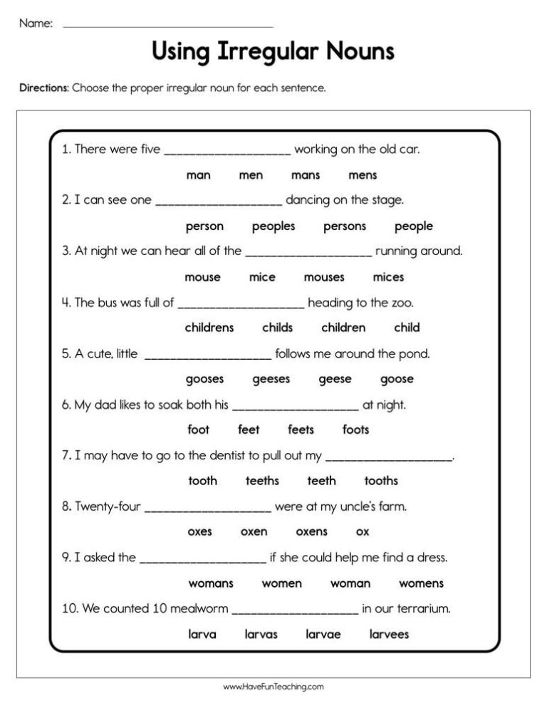 Irregular Plural Nouns Worksheet Grade 4