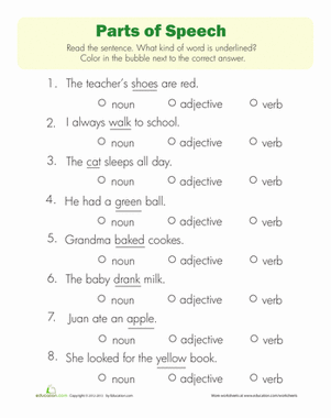 Part Of Speech Worksheet For Grade 4