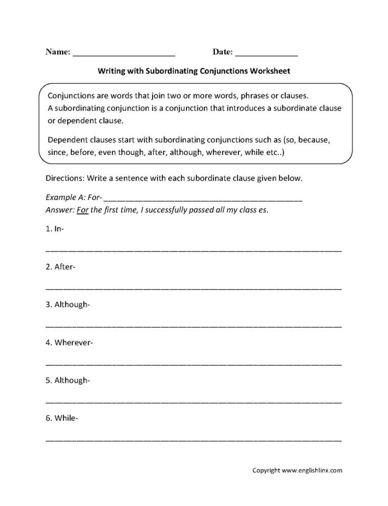 Subordinating Conjunctions Worksheet For Grade 4
