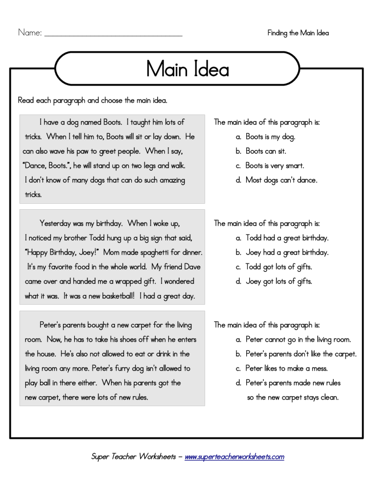 Main Idea Worksheets 6th Grade Pdf