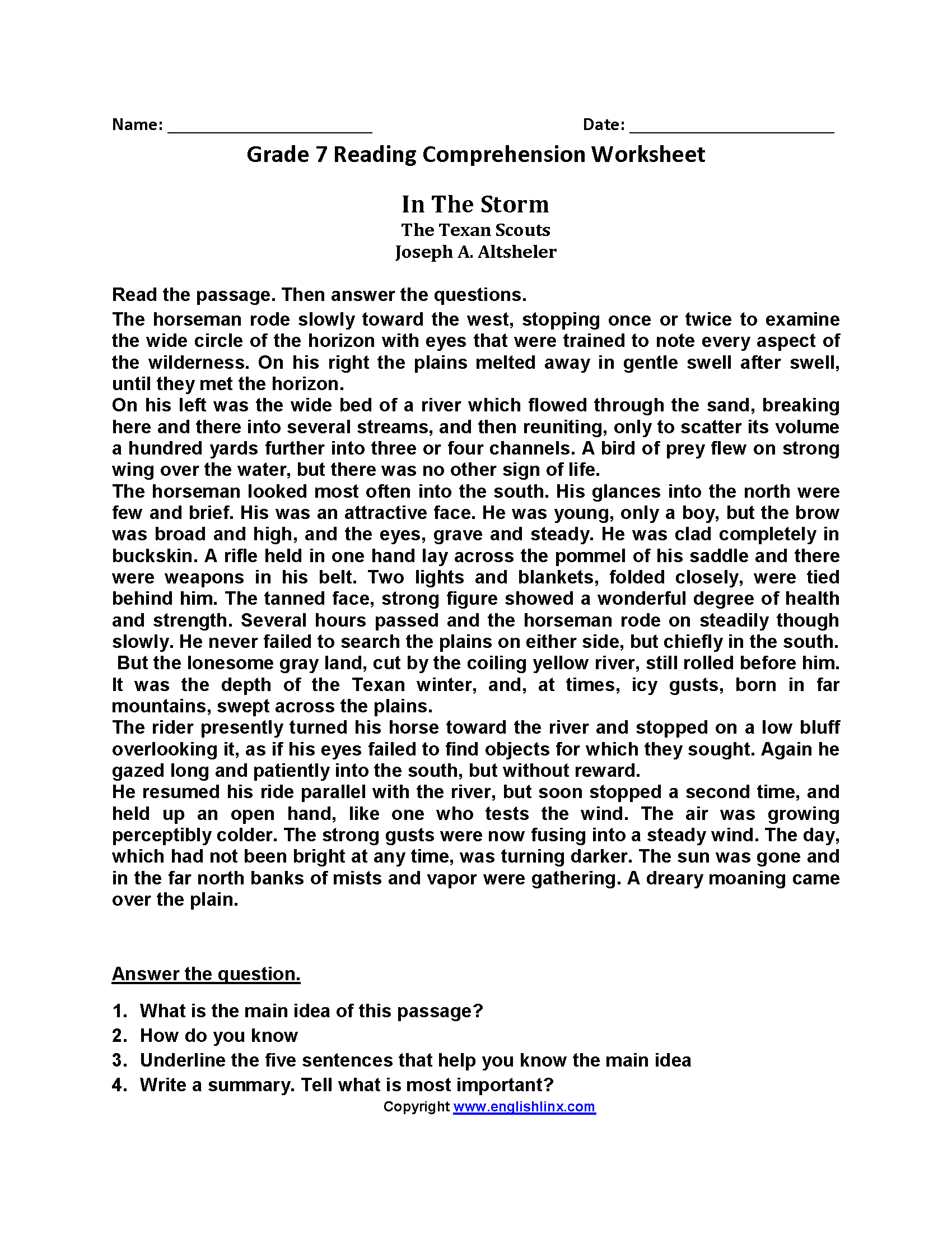 Reading Comprehension Worksheets For 7th Graders