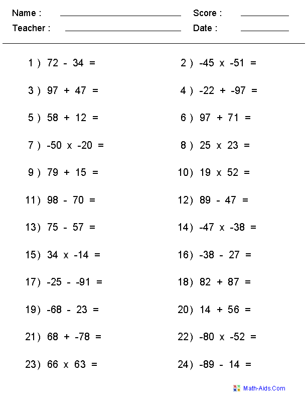 Negative Numbers Worksheet Answers