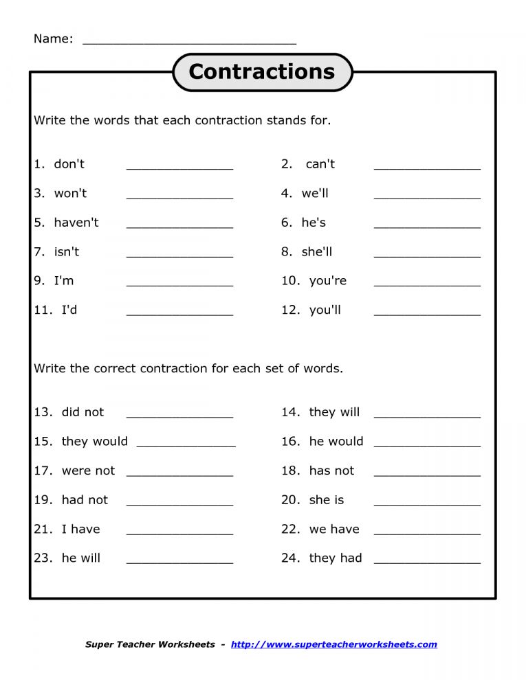 Contractions Worksheet Printable