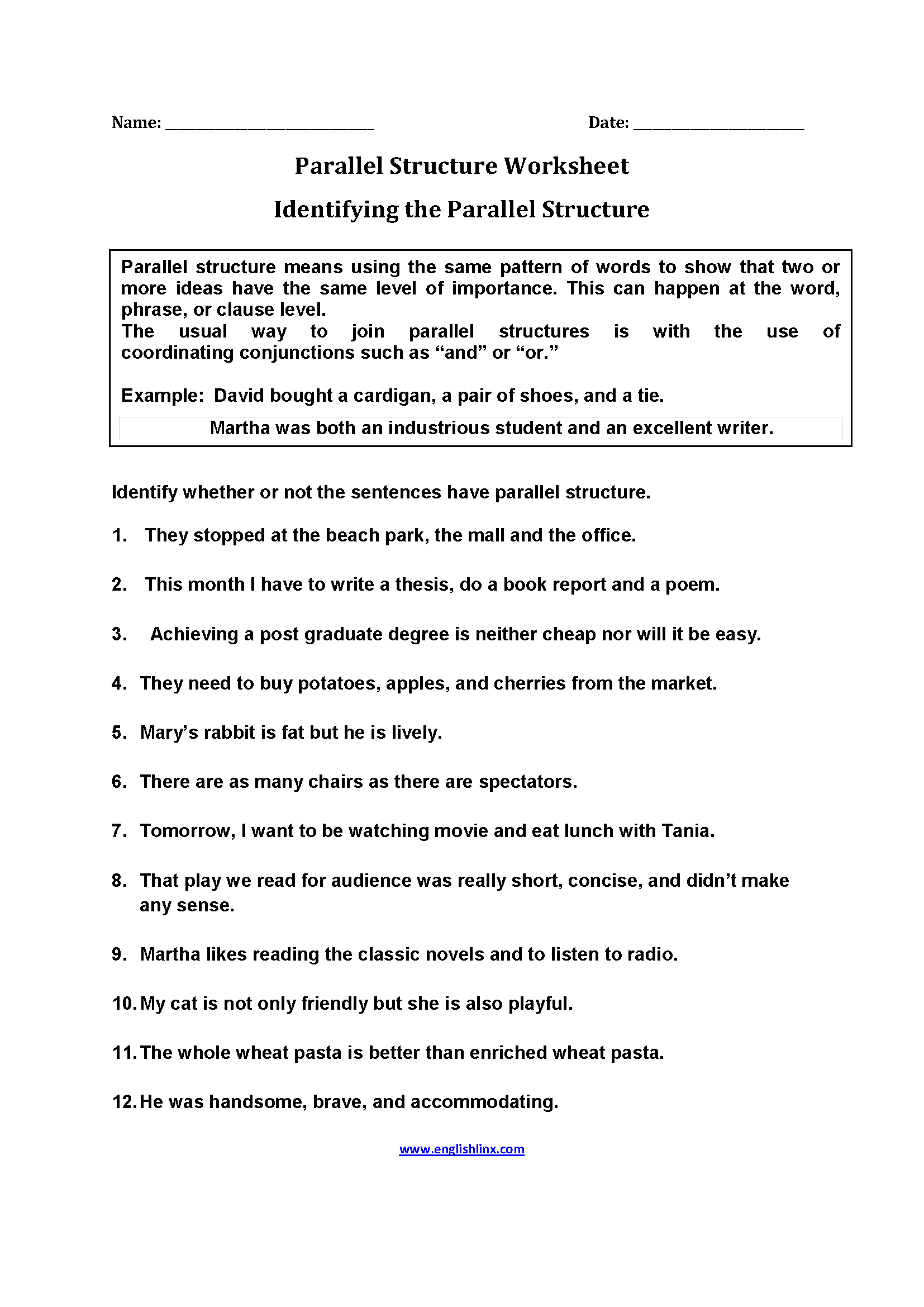 Parallel Structure Worksheet Answers