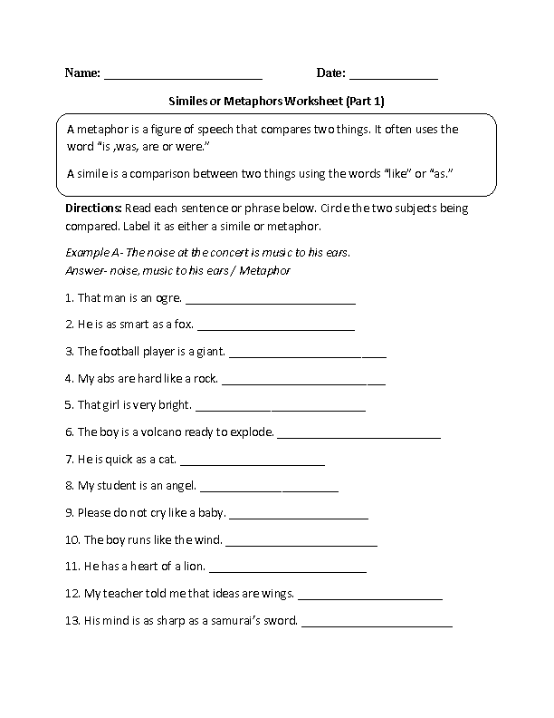 Metaphor Worksheets For Grade 5