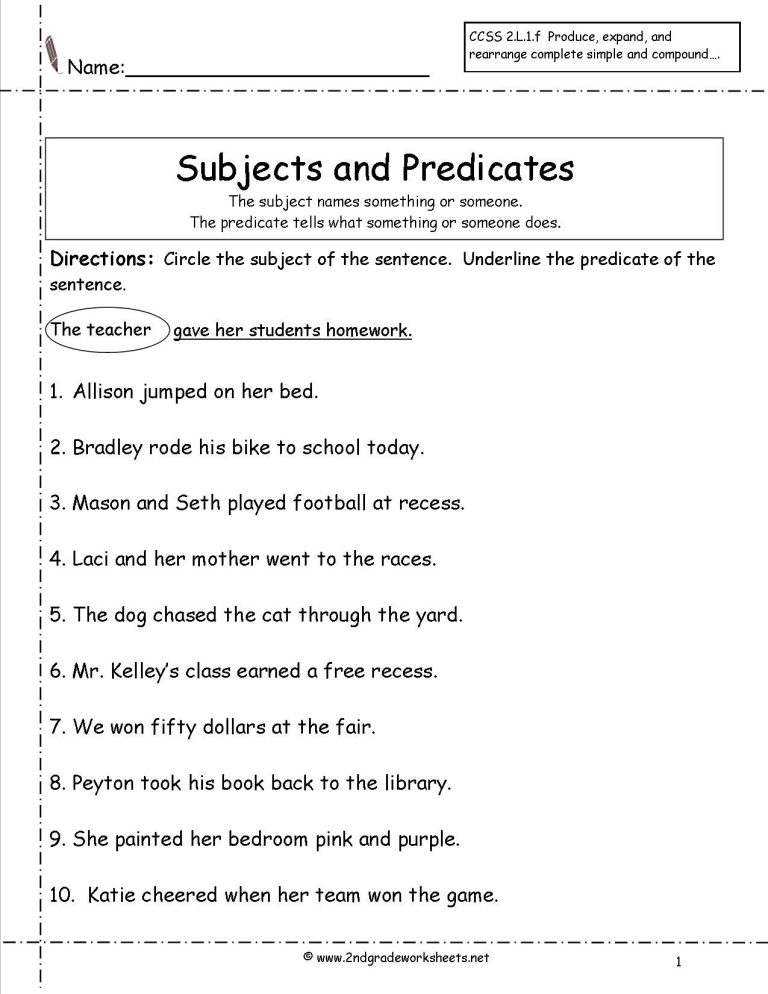 Simple Subject And Predicate Worksheets 2nd Grade