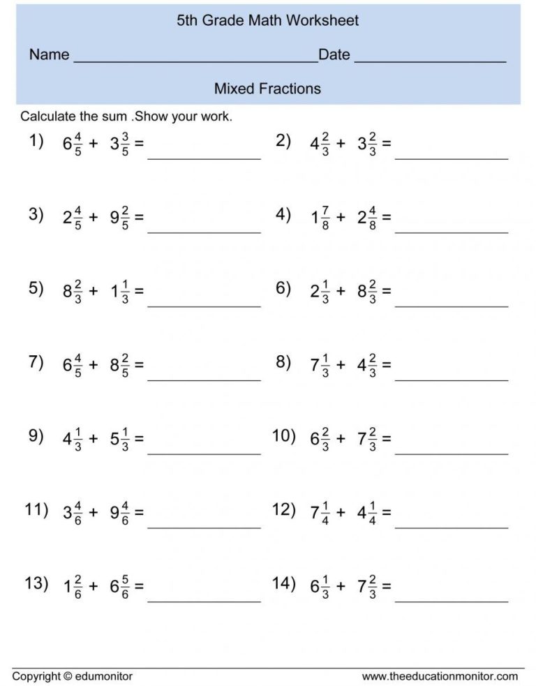 Subtracting Fractions Worksheets Grade 7
