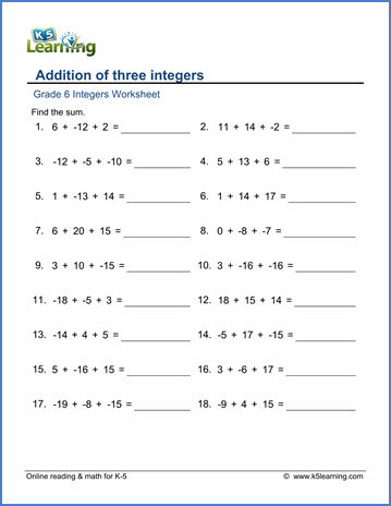 Printable Integers Worksheet Grade 6
