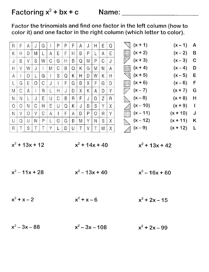 Factoring Quadratic Expressions Worksheet