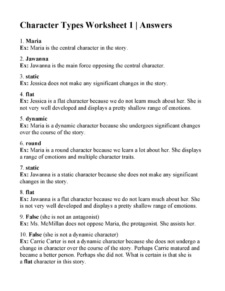 Characterization Worksheet 1 Answer Key