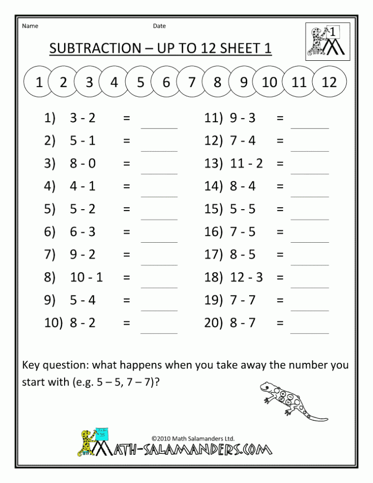 Subtraction Math Problems For 1st Graders