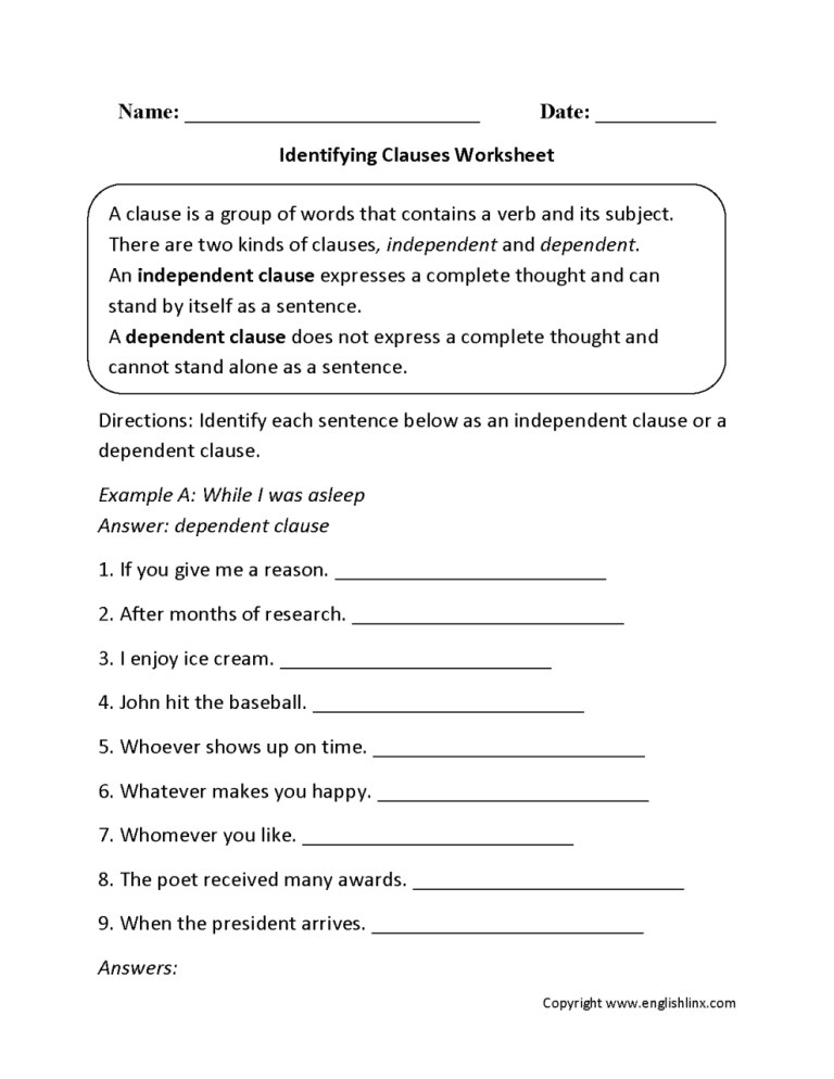 8th Grade Independent And Dependent Clauses Worksheet